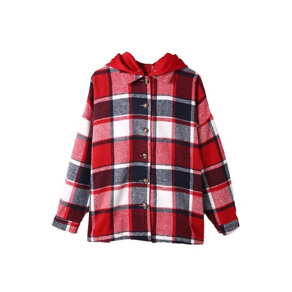 Azura Exchange  Red Hooded Plaid Button Front Shacket - Picture 4 of 8